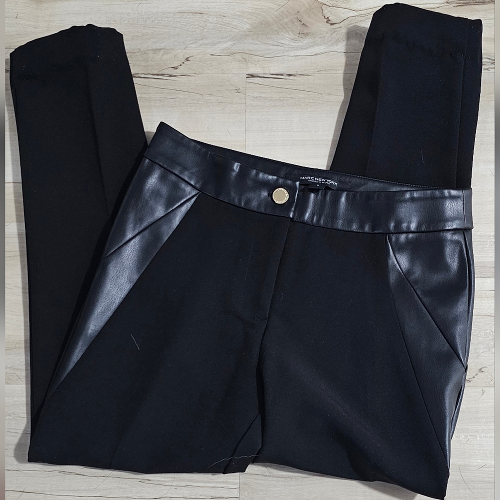 Marc New York Black Faux Leather Trim Pants Size 2 Ponte Slim Leg